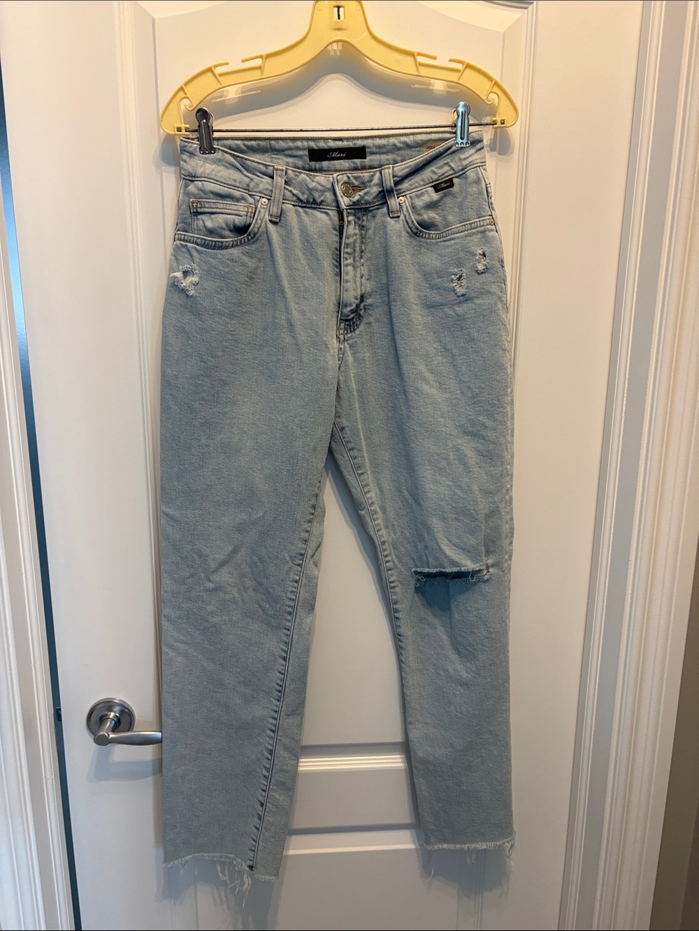 Mavi Light Blue high rise slim straight Leg Jeans with Distressed Details
